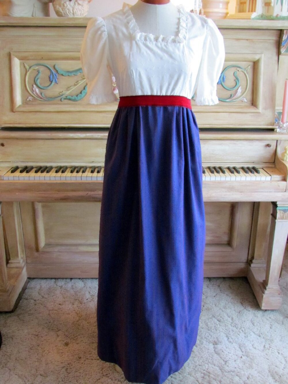 REGENCY GOWN, M, JANE AUSTEN ERA COSTUME, WHITE, BLUE & RED DAY DRESS, HANDMADE